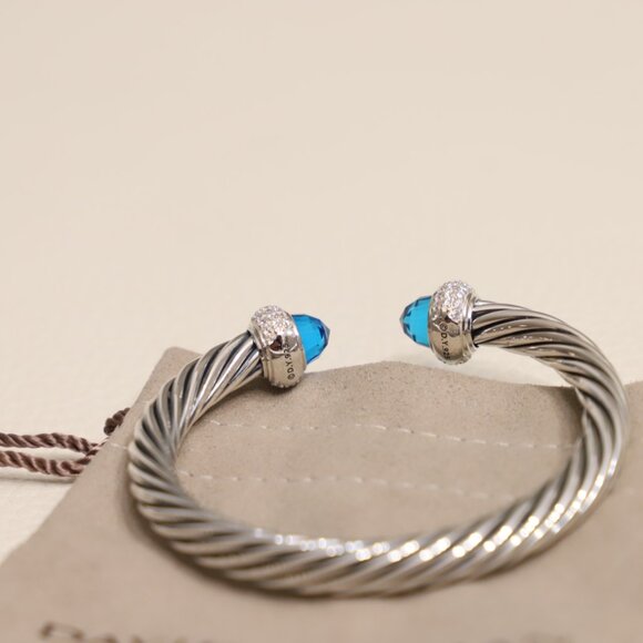 David Yurman Sterling Silver 7mm Candy Cable Bracelet Blue Topaz with Diamonds - Picture 5 of 5
